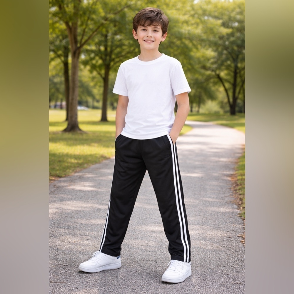 Kids Champion Black Track Pants with White Stripes ankle zippers